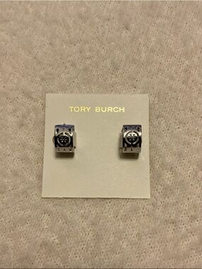 Tory Burch Silver-Tone Logo Hoop Huggie Earrings